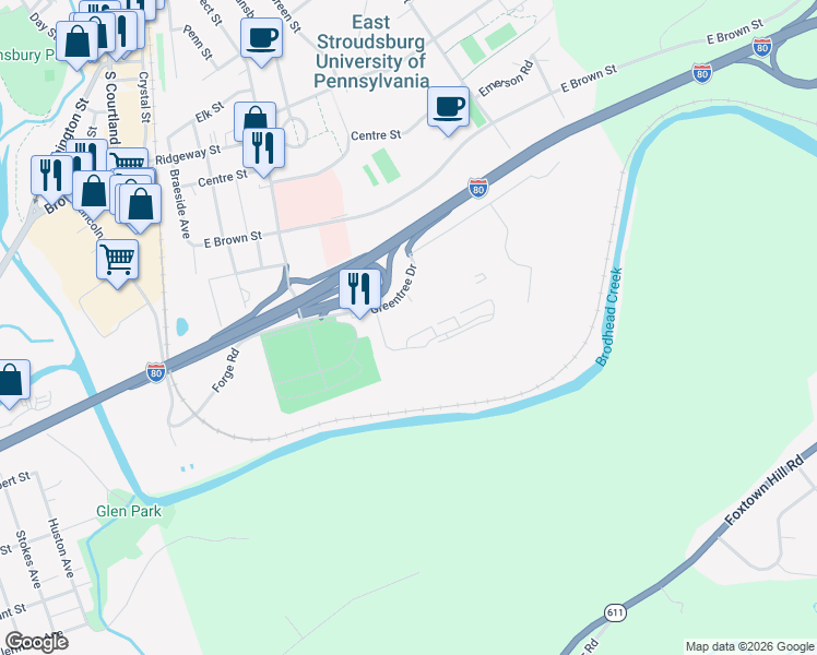map of restaurants, bars, coffee shops, grocery stores, and more near 17 Parish Park in East Stroudsburg