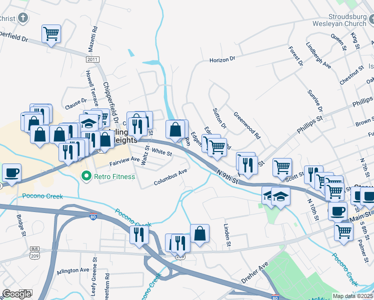 map of restaurants, bars, coffee shops, grocery stores, and more near 1201 Murphy Run in Stroudsburg