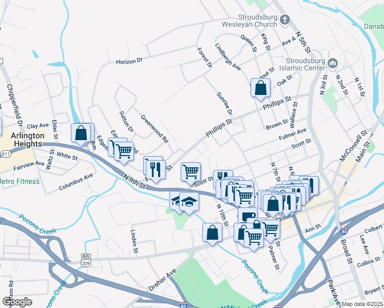 map of restaurants, bars, coffee shops, grocery stores, and more near 859 Phillips Street in Stroudsburg