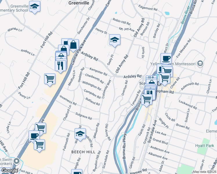 map of restaurants, bars, coffee shops, grocery stores, and more near 11 Cotswold Way in Scarsdale