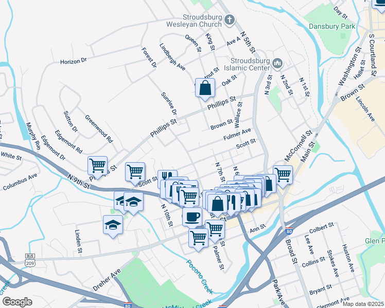 map of restaurants, bars, coffee shops, grocery stores, and more near 404 North 8th Street in Stroudsburg