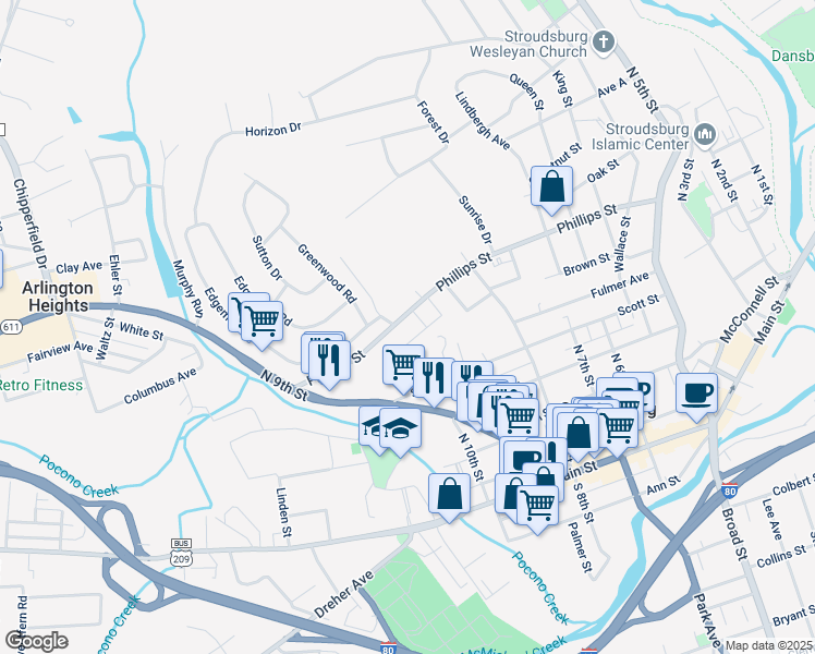 map of restaurants, bars, coffee shops, grocery stores, and more near 859 Phillips Street in Stroudsburg