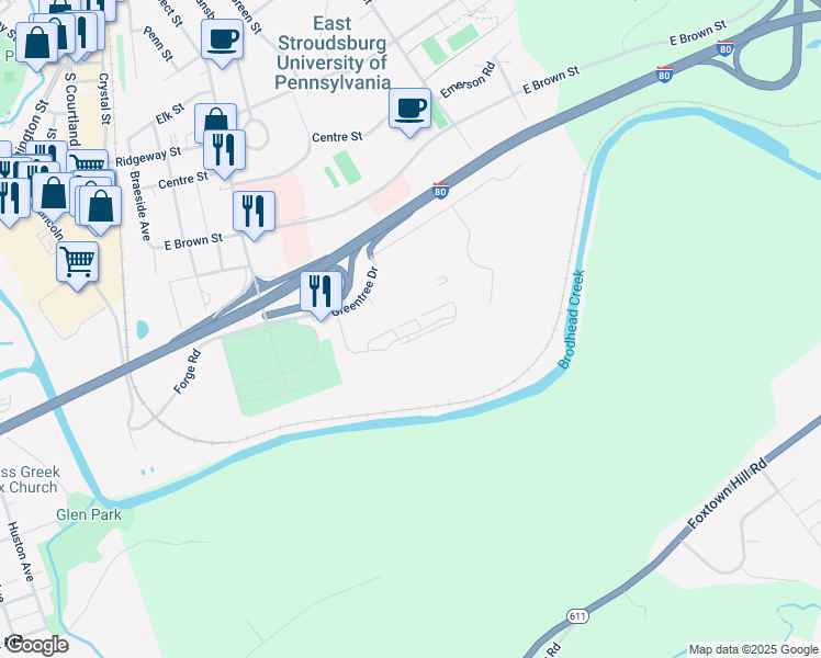 map of restaurants, bars, coffee shops, grocery stores, and more near 45 Parish Park in East Stroudsburg
