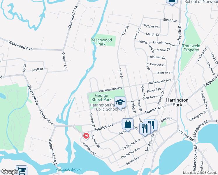 map of restaurants, bars, coffee shops, grocery stores, and more near 176-234 Hackensack Avenue in Harrington Park