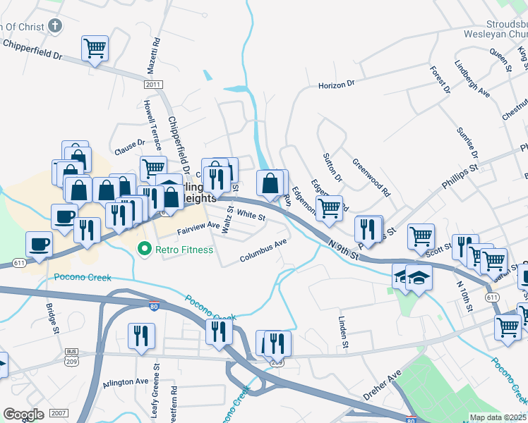 map of restaurants, bars, coffee shops, grocery stores, and more near 850 White Street in Stroudsburg