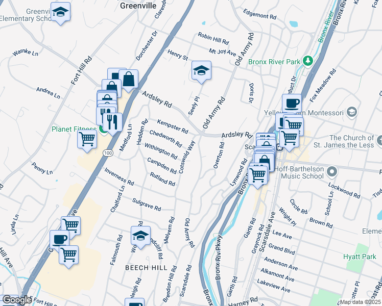 map of restaurants, bars, coffee shops, grocery stores, and more near 11 Cotswold Way in Scarsdale
