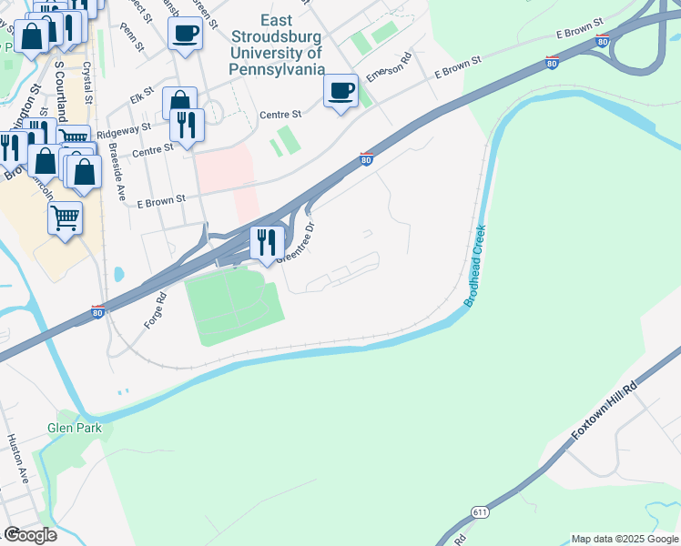 map of restaurants, bars, coffee shops, grocery stores, and more near 45 Parish Park in East Stroudsburg