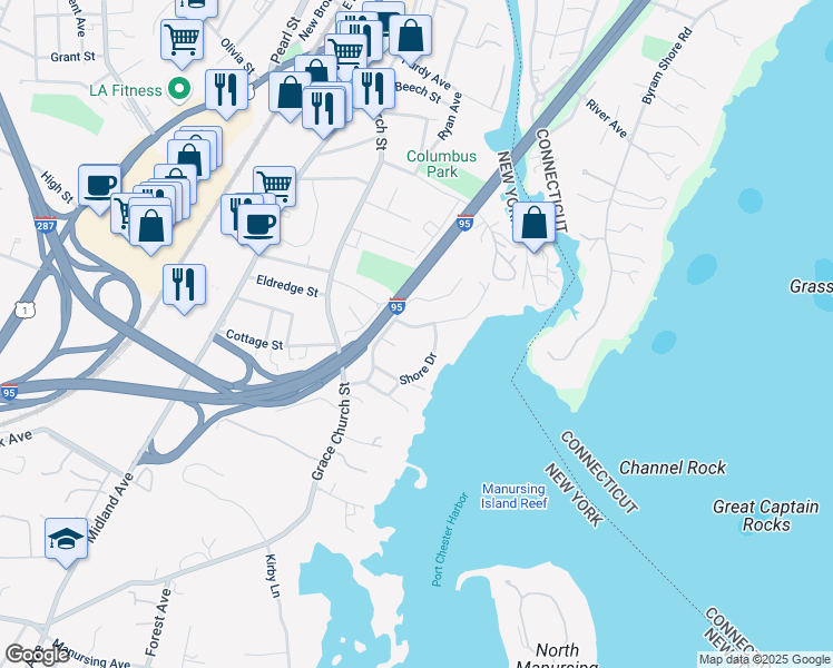 map of restaurants, bars, coffee shops, grocery stores, and more near 11 Harbor Drive in Port Chester