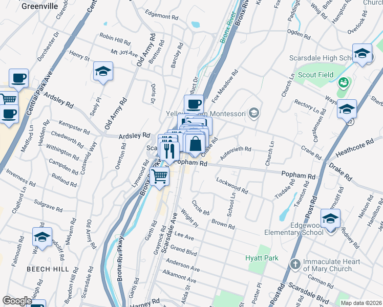 map of restaurants, bars, coffee shops, grocery stores, and more near 26 East Parkway in Scarsdale