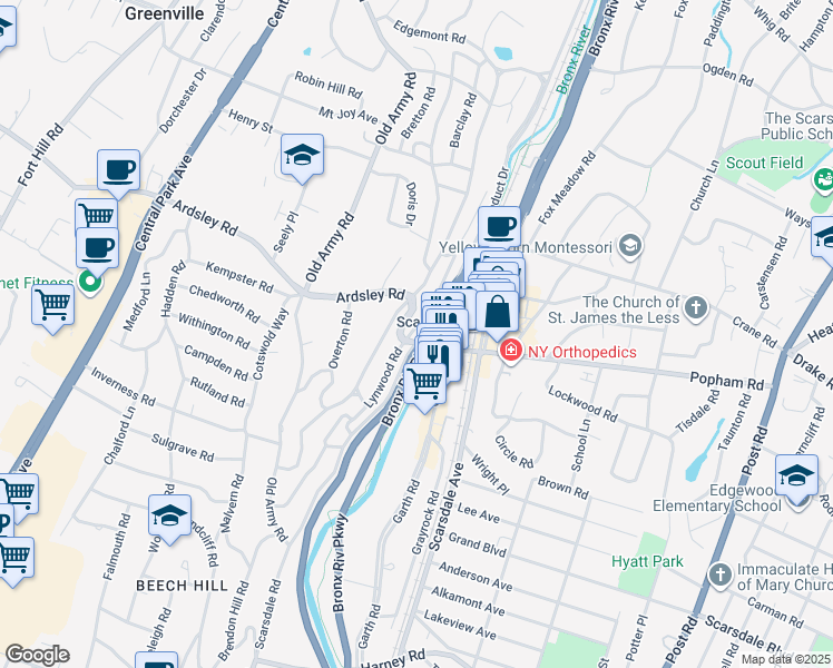 map of restaurants, bars, coffee shops, grocery stores, and more near 36 Lynwood Road in Scarsdale