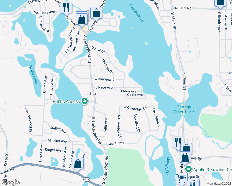map of restaurants, bars, coffee shops, grocery stores, and more near 3725 Rome Drive in Portage Lakes