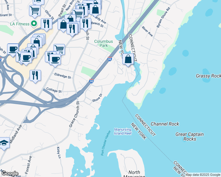 map of restaurants, bars, coffee shops, grocery stores, and more near 3 Harbor Drive in Port Chester