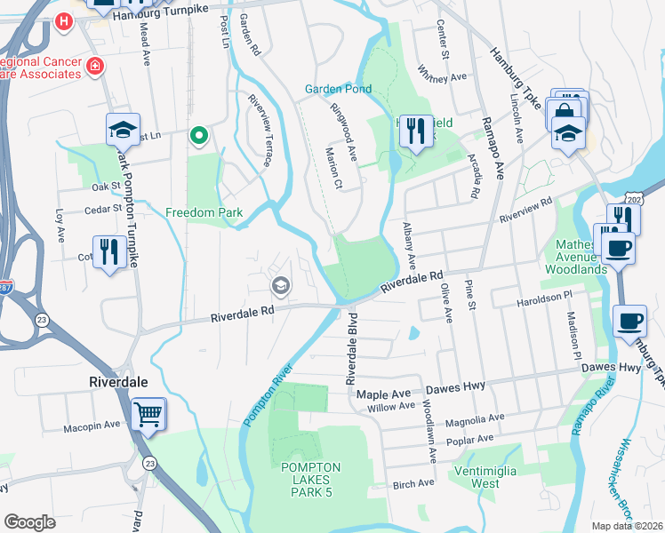 map of restaurants, bars, coffee shops, grocery stores, and more near 276 Garden Road in Pompton Lakes