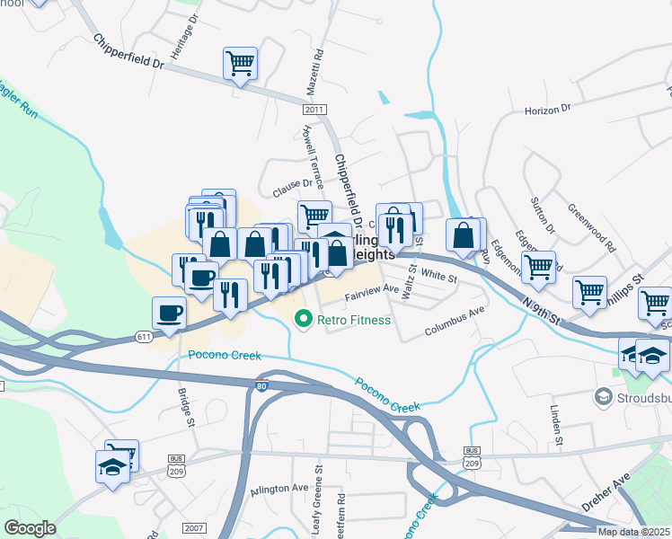 map of restaurants, bars, coffee shops, grocery stores, and more near 1100 North 9th Street in Stroudsburg