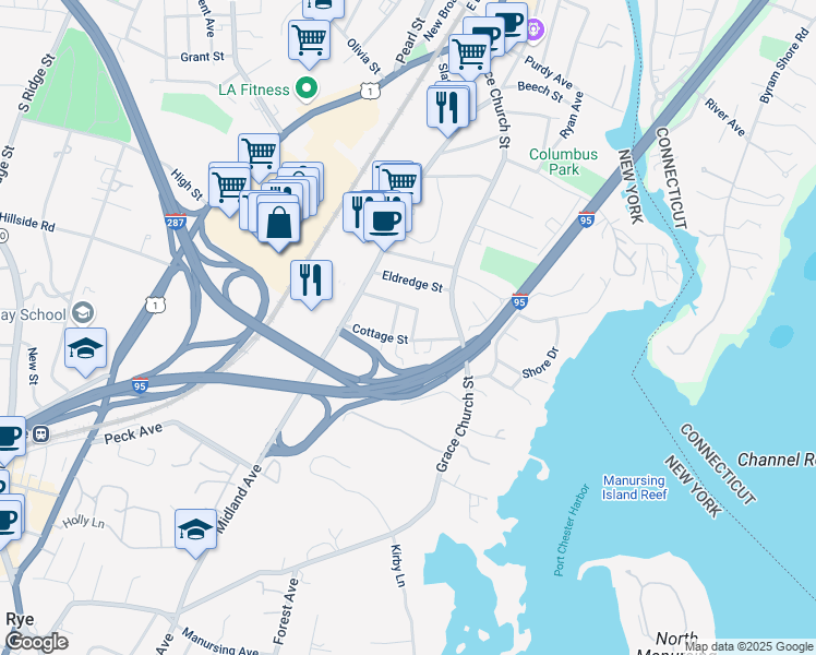 map of restaurants, bars, coffee shops, grocery stores, and more near 31 Cesario Place in Port Chester