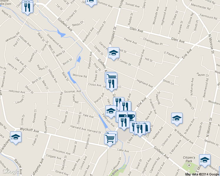 map of restaurants, bars, coffee shops, grocery stores, and more near in Midland Park