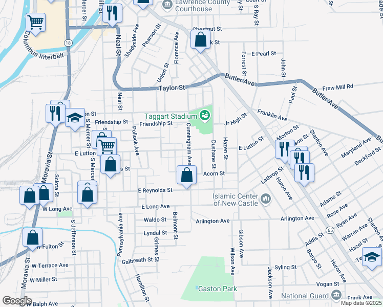 map of restaurants, bars, coffee shops, grocery stores, and more near 1010 Cunningham Avenue in New Castle