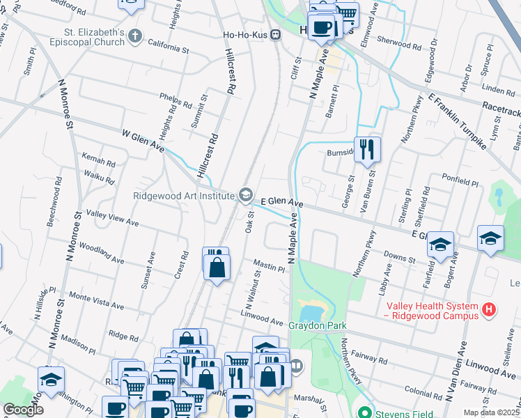 map of restaurants, bars, coffee shops, grocery stores, and more near 26 East Glen Avenue in Ridgewood