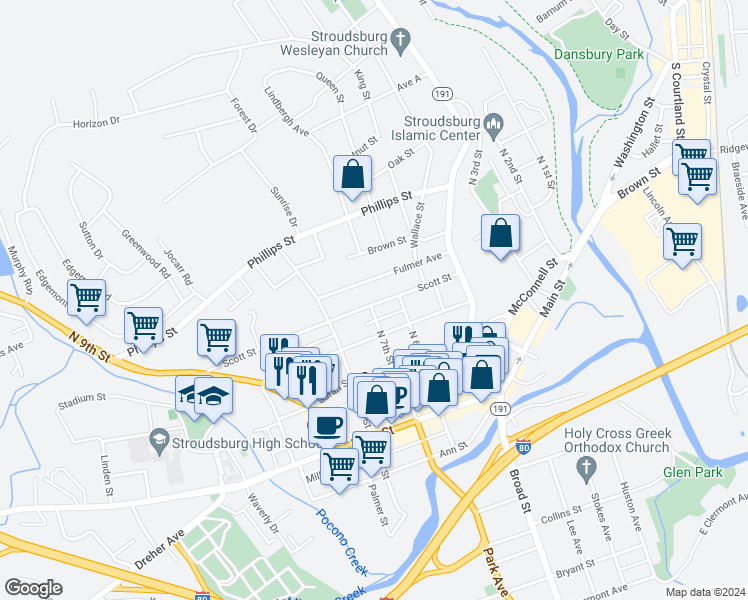 map of restaurants, bars, coffee shops, grocery stores, and more near 622 Scott Street in Stroudsburg