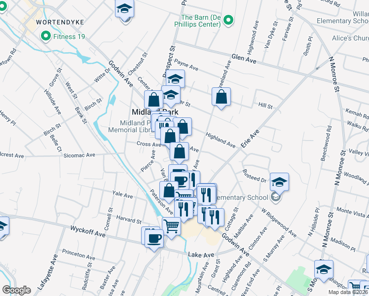 map of restaurants, bars, coffee shops, grocery stores, and more near 193 Franklin Avenue in Midland Park