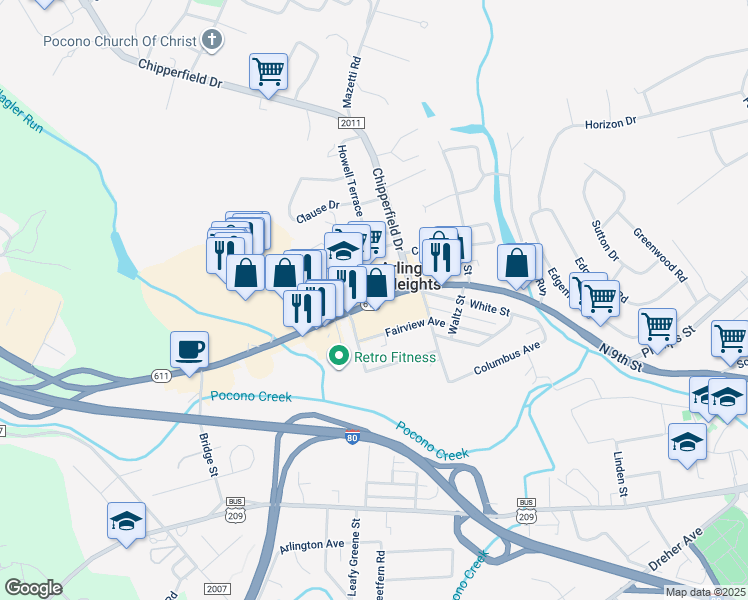 map of restaurants, bars, coffee shops, grocery stores, and more near 1100 North 9th Street in Stroudsburg