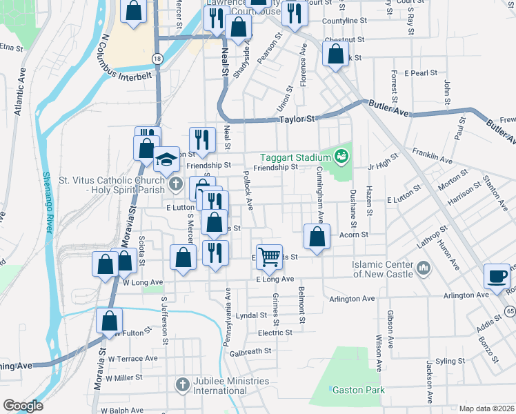 map of restaurants, bars, coffee shops, grocery stores, and more near 307 Marion Court in New Castle