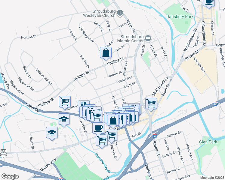 map of restaurants, bars, coffee shops, grocery stores, and more near 708 Scott Street in Stroudsburg