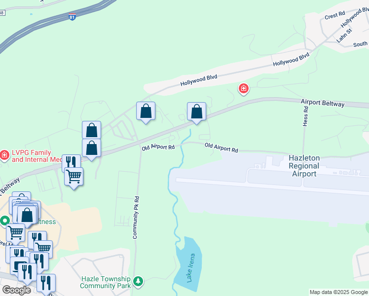 map of restaurants, bars, coffee shops, grocery stores, and more near 5045 Old Airport Road in Luzerne County