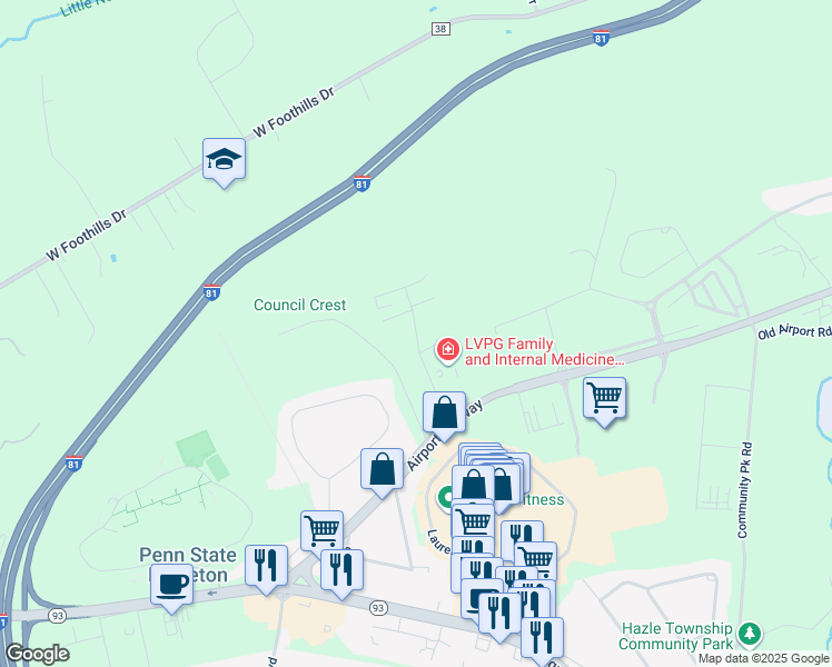 map of restaurants, bars, coffee shops, grocery stores, and more near Alliance Drive in Hazleton