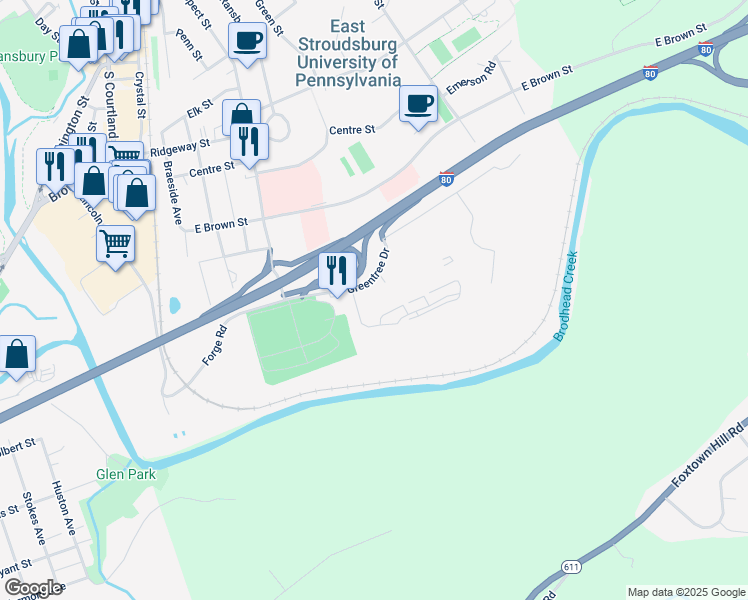map of restaurants, bars, coffee shops, grocery stores, and more near 128 Eaglesmere Circle in East Stroudsburg