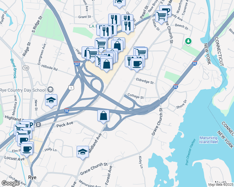 map of restaurants, bars, coffee shops, grocery stores, and more near 631 Midland Avenue in Rye