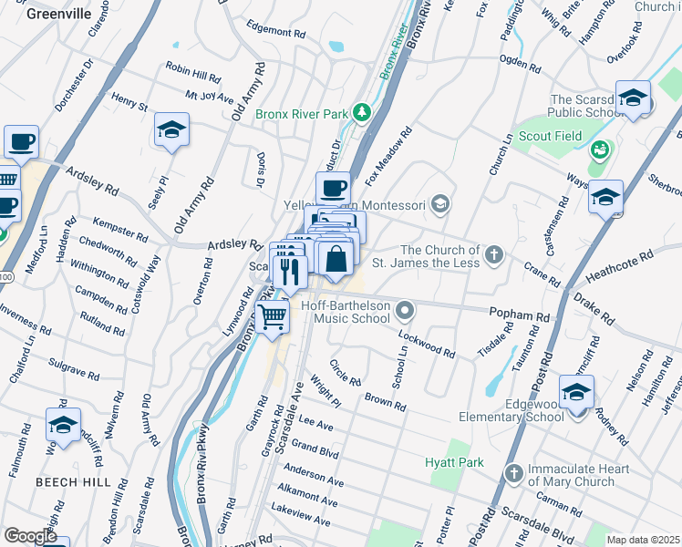 map of restaurants, bars, coffee shops, grocery stores, and more near 9 Harwood Court in Scarsdale