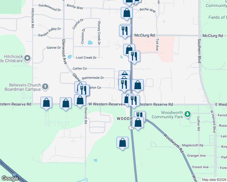 map of restaurants, bars, coffee shops, grocery stores, and more near 74 Carter Circle in Youngstown