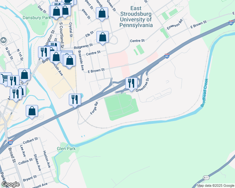 map of restaurants, bars, coffee shops, grocery stores, and more near 4 Greentree Drive in East Stroudsburg