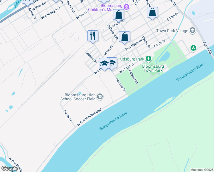 map of restaurants, bars, coffee shops, grocery stores, and more near 1100 Railroad Street in Bloomsburg