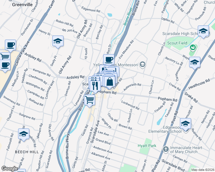 map of restaurants, bars, coffee shops, grocery stores, and more near 13 Harwood Court in Scarsdale