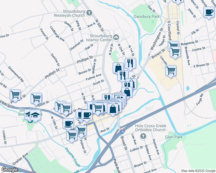 map of restaurants, bars, coffee shops, grocery stores, and more near 500 Thomas Street in Stroudsburg