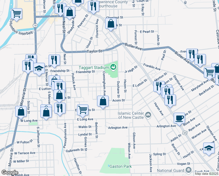 map of restaurants, bars, coffee shops, grocery stores, and more near 608 East Lutton Street in New Castle