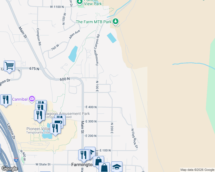 map of restaurants, bars, coffee shops, grocery stores, and more near 170 East 550 North in Farmington