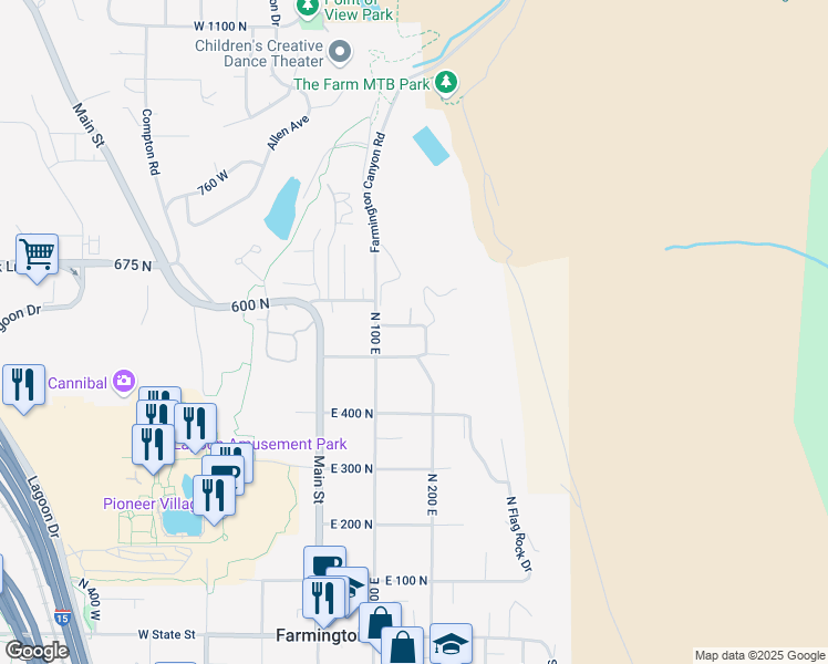 map of restaurants, bars, coffee shops, grocery stores, and more near 166 East 550 North in Farmington