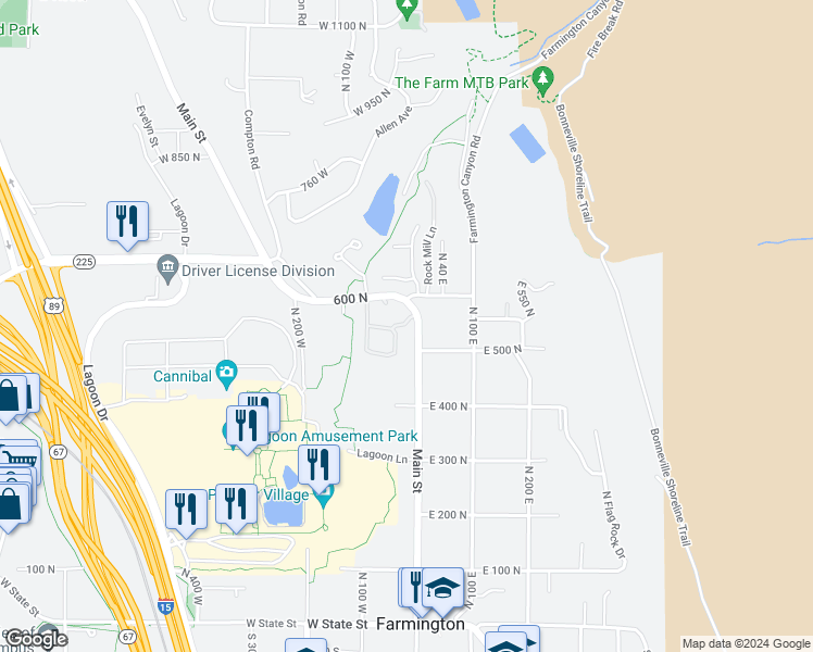 map of restaurants, bars, coffee shops, grocery stores, and more near 515 North Main Street in Farmington