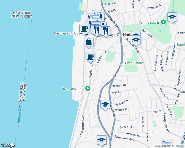 map of restaurants, bars, coffee shops, grocery stores, and more near 376 Nodine Street in Hastings-on-Hudson