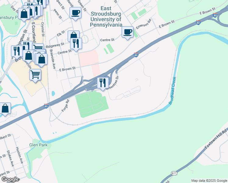 map of restaurants, bars, coffee shops, grocery stores, and more near 17 Parish Park in East Stroudsburg