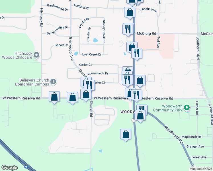 map of restaurants, bars, coffee shops, grocery stores, and more near 160 West Western Reserve Road in Youngstown