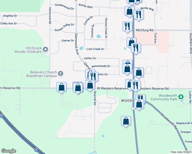 map of restaurants, bars, coffee shops, grocery stores, and more near 34 Carter Circle in Youngstown