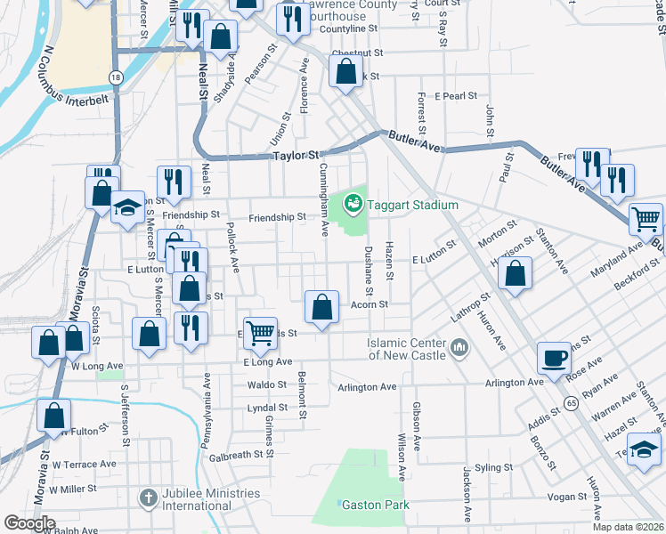 map of restaurants, bars, coffee shops, grocery stores, and more near 1010 Cunningham Avenue in New Castle