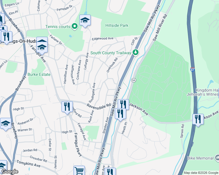 map of restaurants, bars, coffee shops, grocery stores, and more near 51 Clinton Avenue in Hastings-on-Hudson