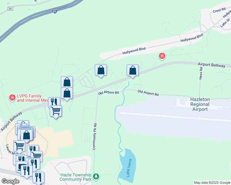 map of restaurants, bars, coffee shops, grocery stores, and more near 5030 Old Airport Road in Luzerne County