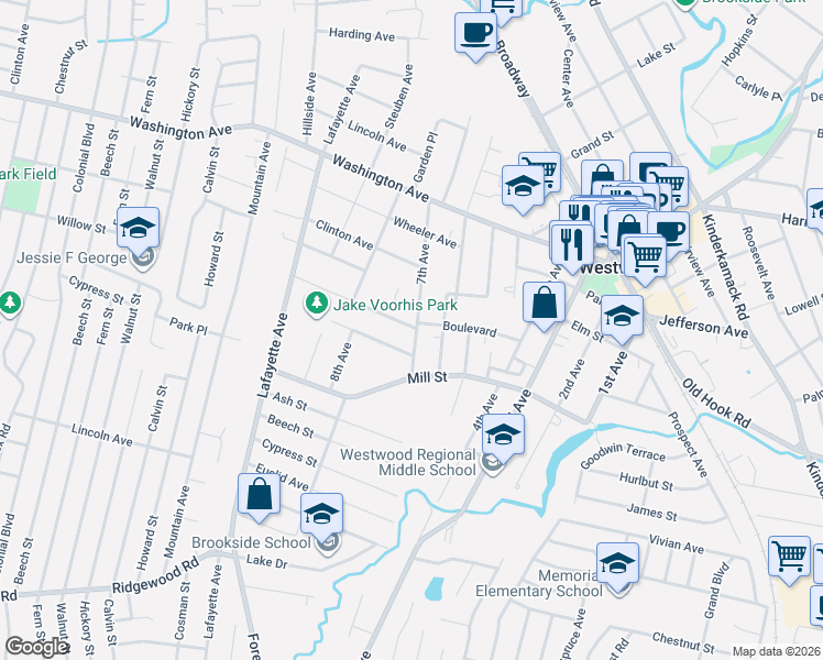 map of restaurants, bars, coffee shops, grocery stores, and more near 16 Stratton Avenue in Westwood