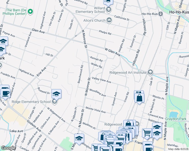 map of restaurants, bars, coffee shops, grocery stores, and more near 141 Valley View Avenue in Ridgewood